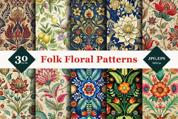 Folk Floral Seamless Patterns 05: Vintage-Inspired Botanical Designs