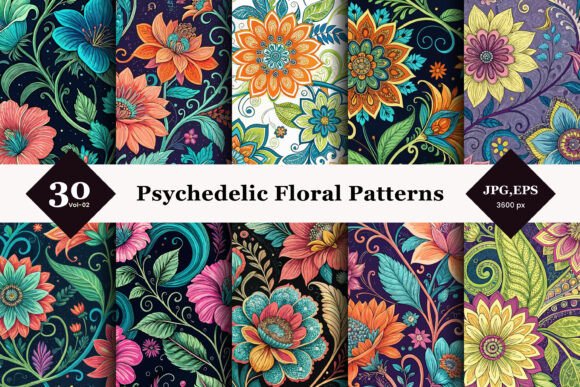 Psychedelic Floral Seamless Patterns 02